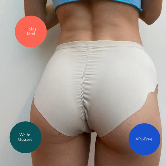 NIXI Body Susie Sporty Hip Hugger Cream Knickers no vpl discreet absorbent leakproof period light bladder leaks white gusset